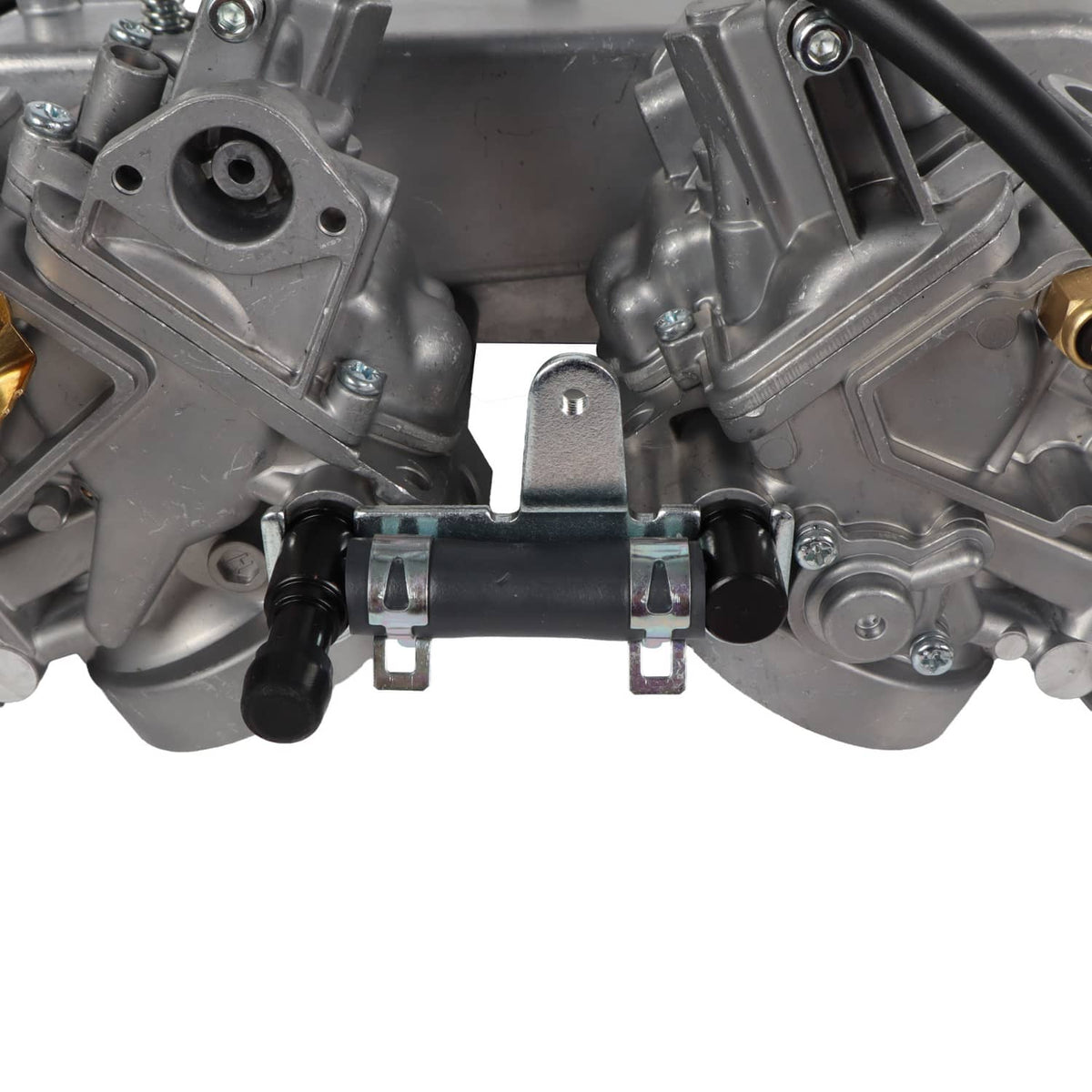 Carburetor assembly with black hoses and metal housing components