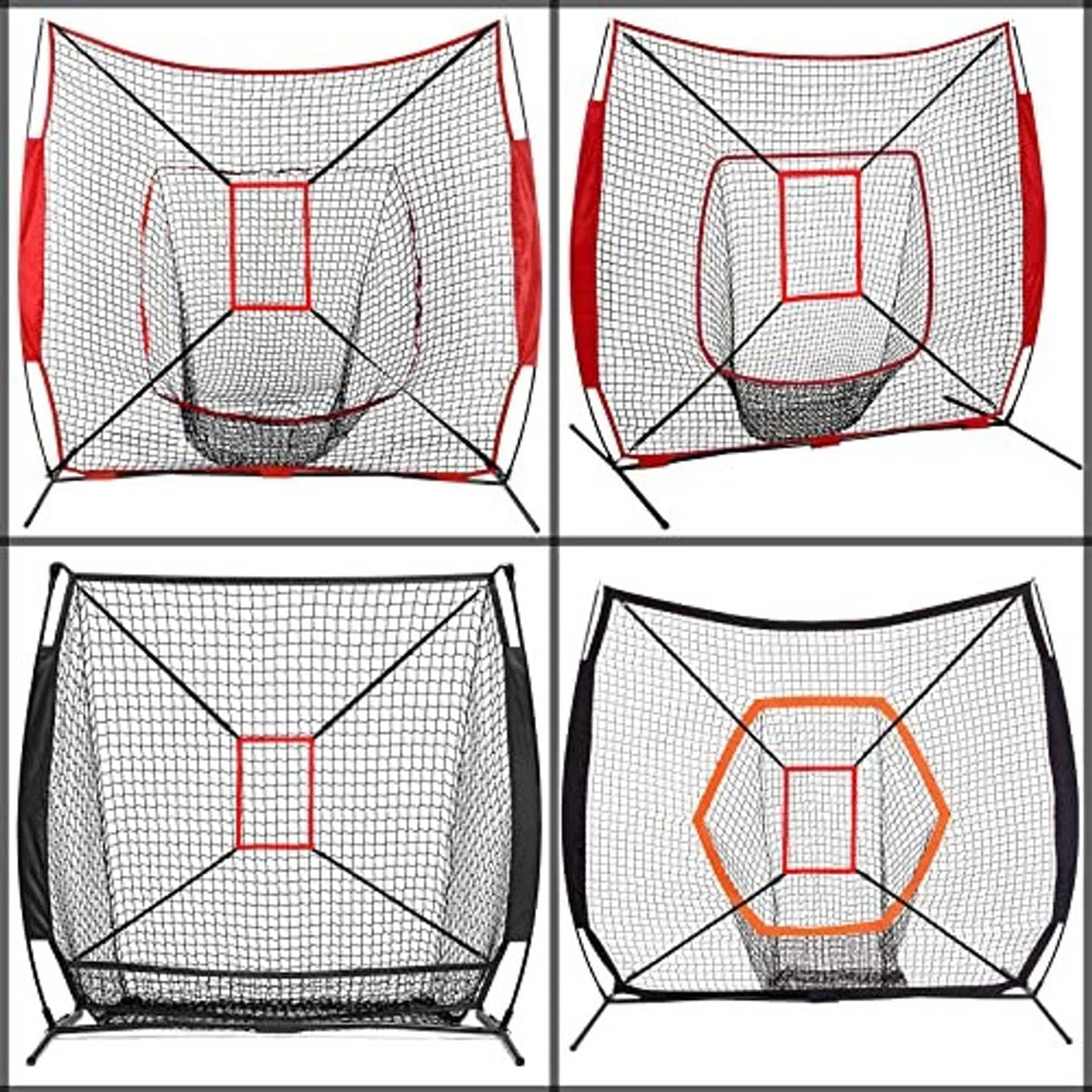 Practice net with multiple visible target outlines: red square and orange hexagon