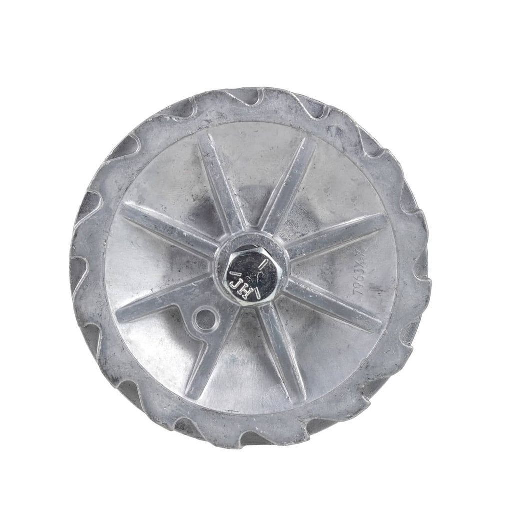 Steel ratchet wheel with radial spokes and center locking cap
