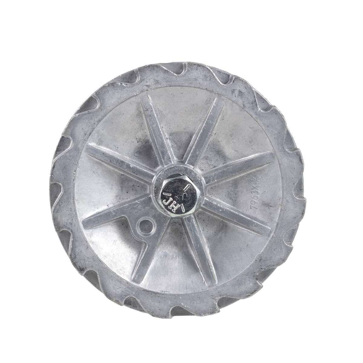 Steel ratchet wheel with radial spokes and center locking cap