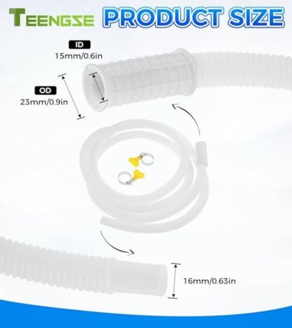White corrugated drain hose with included clamps, shown in coiled and extended form