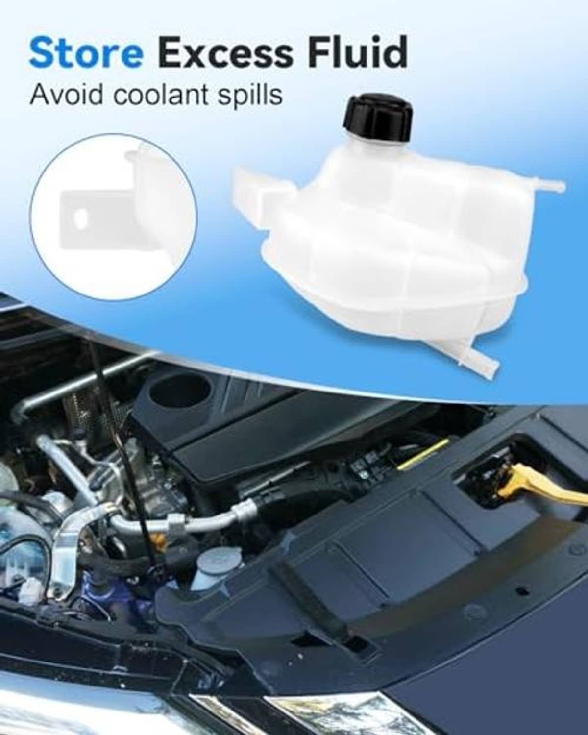 Engine coolant reservoir tank bottle with black cap mounted near engine bay components