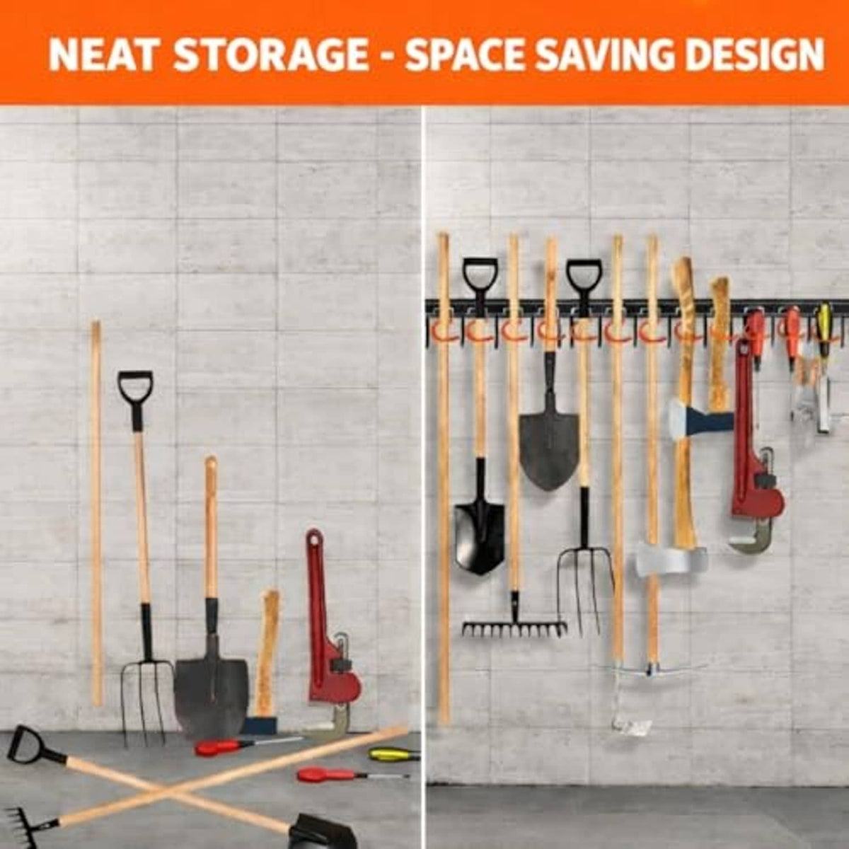 Metal tool organizer shown mounted with rakes, shovels, and hand tools on hooks