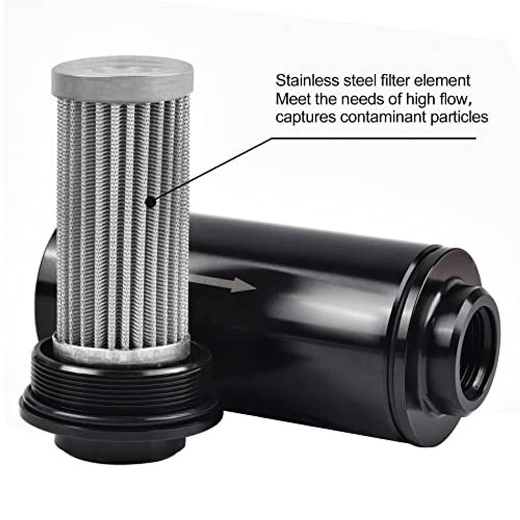Black inline fuel filter with visible stainless steel mesh element and threaded caps