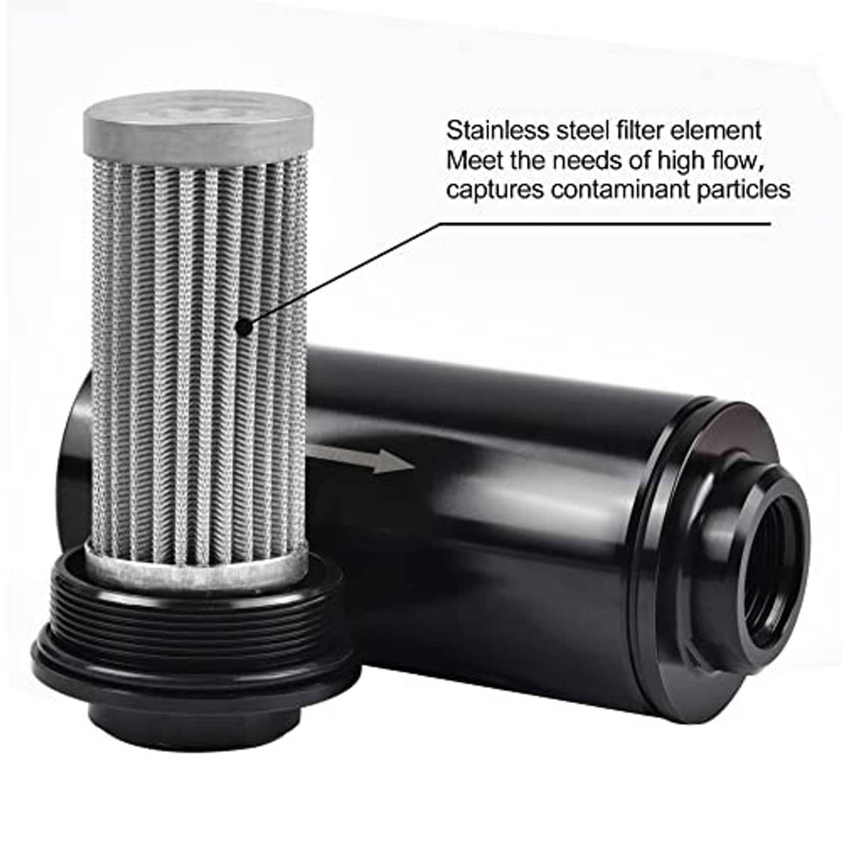 Black inline fuel filter with visible stainless steel mesh element and threaded caps