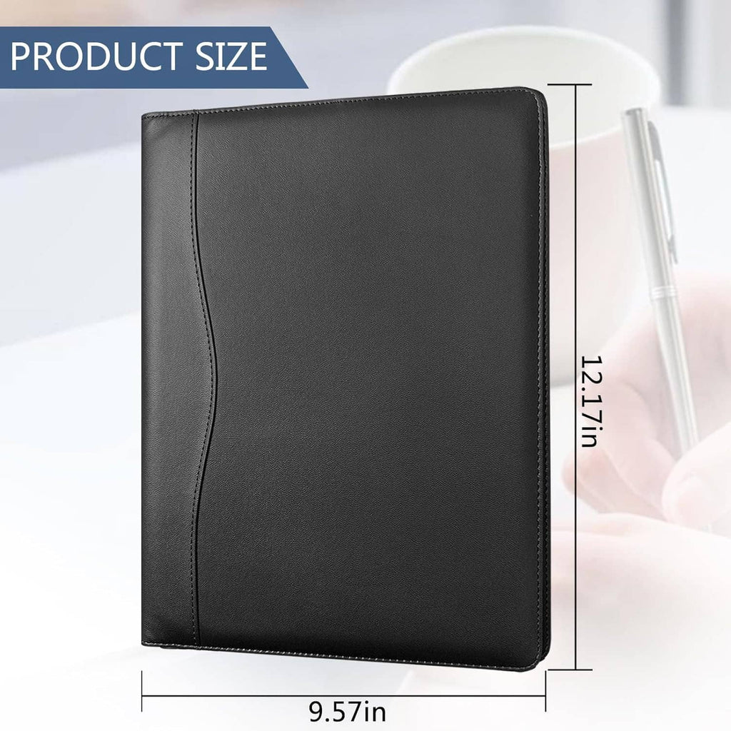 Black faux-leather legal padfolio folder with stitched cover, front view
