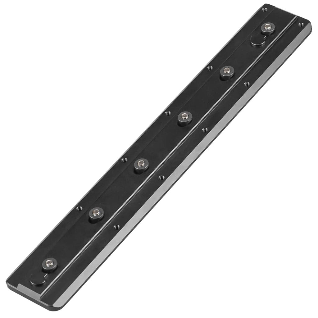 Black rail tripod plate adapter with multiple screw holes and side mounting slots