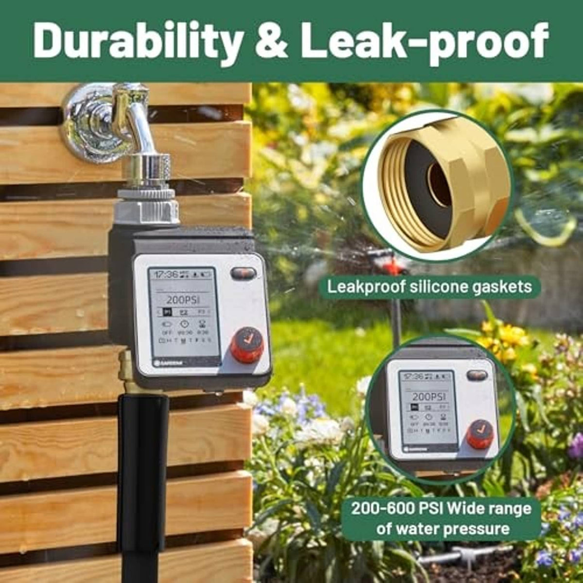 Garden hose connector with brass fitting and attached pressure gauge controller.