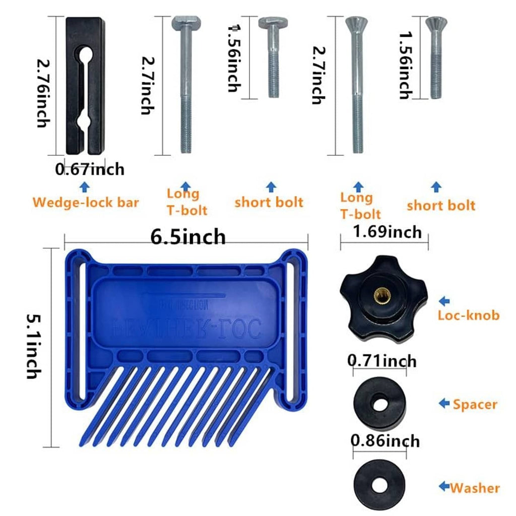 Blue featherboard clamp set with black lock knobs, spacers, washers, and bolts