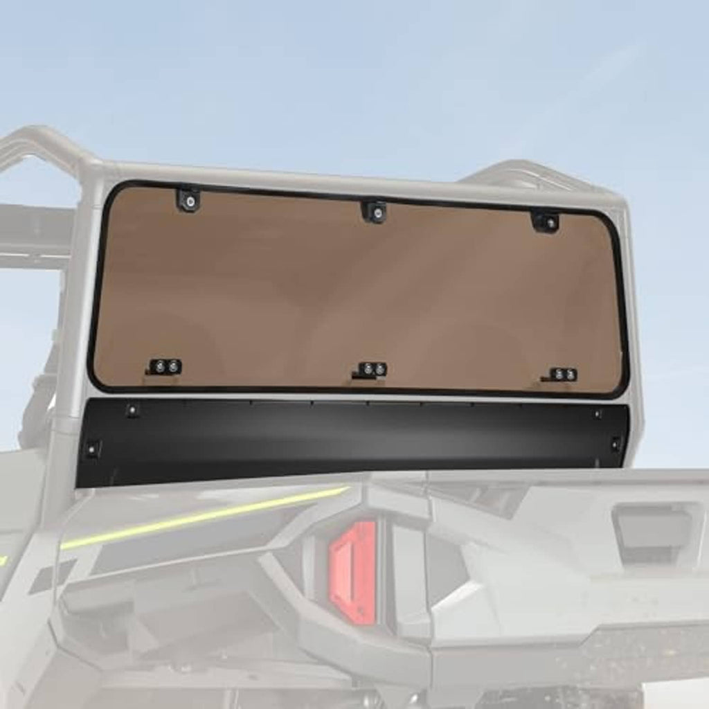 Tinted rear windshield with black mounting clamps and bottom support bar