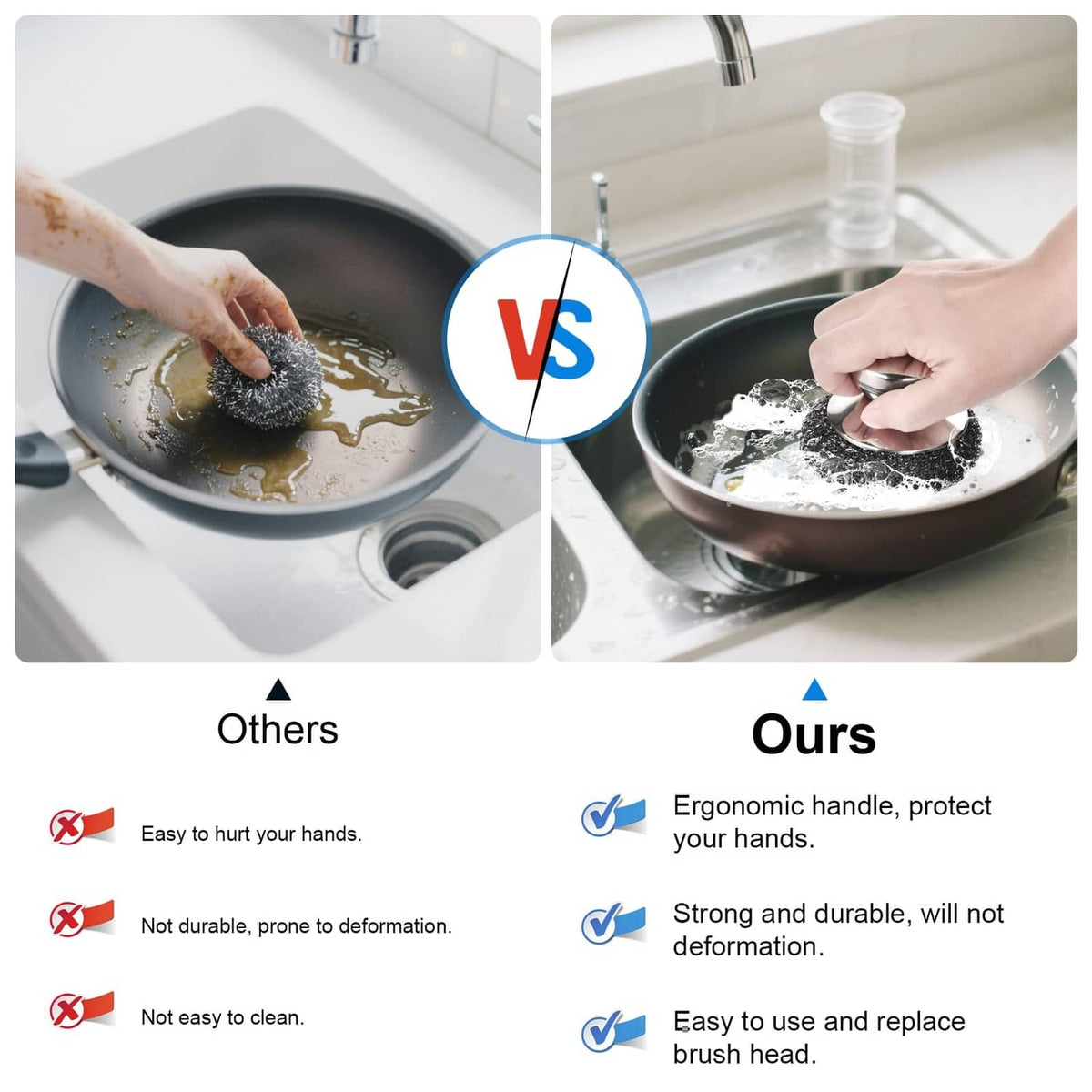 Stainless steel scrubber pad in use on a pan, circular pad with metal grip