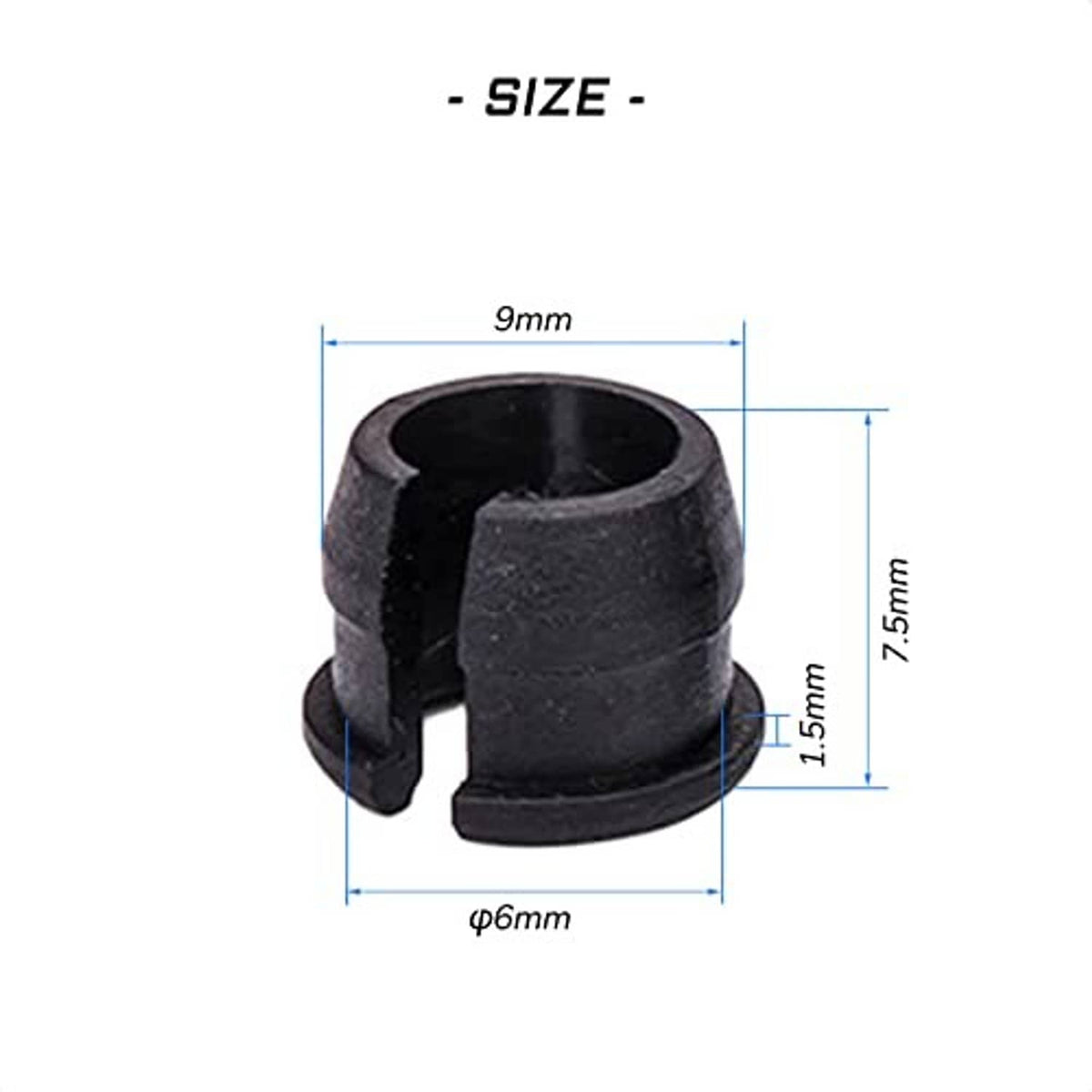 Black rubber valve stem adapter with size markings: 9mm width, 7.5mm height