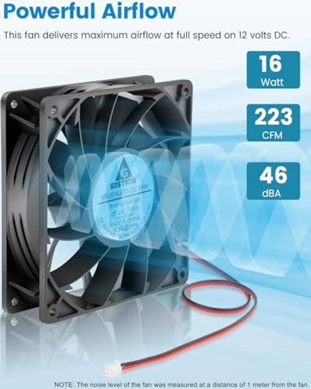Black computer fan with airflow swirl effect and red/black power wires