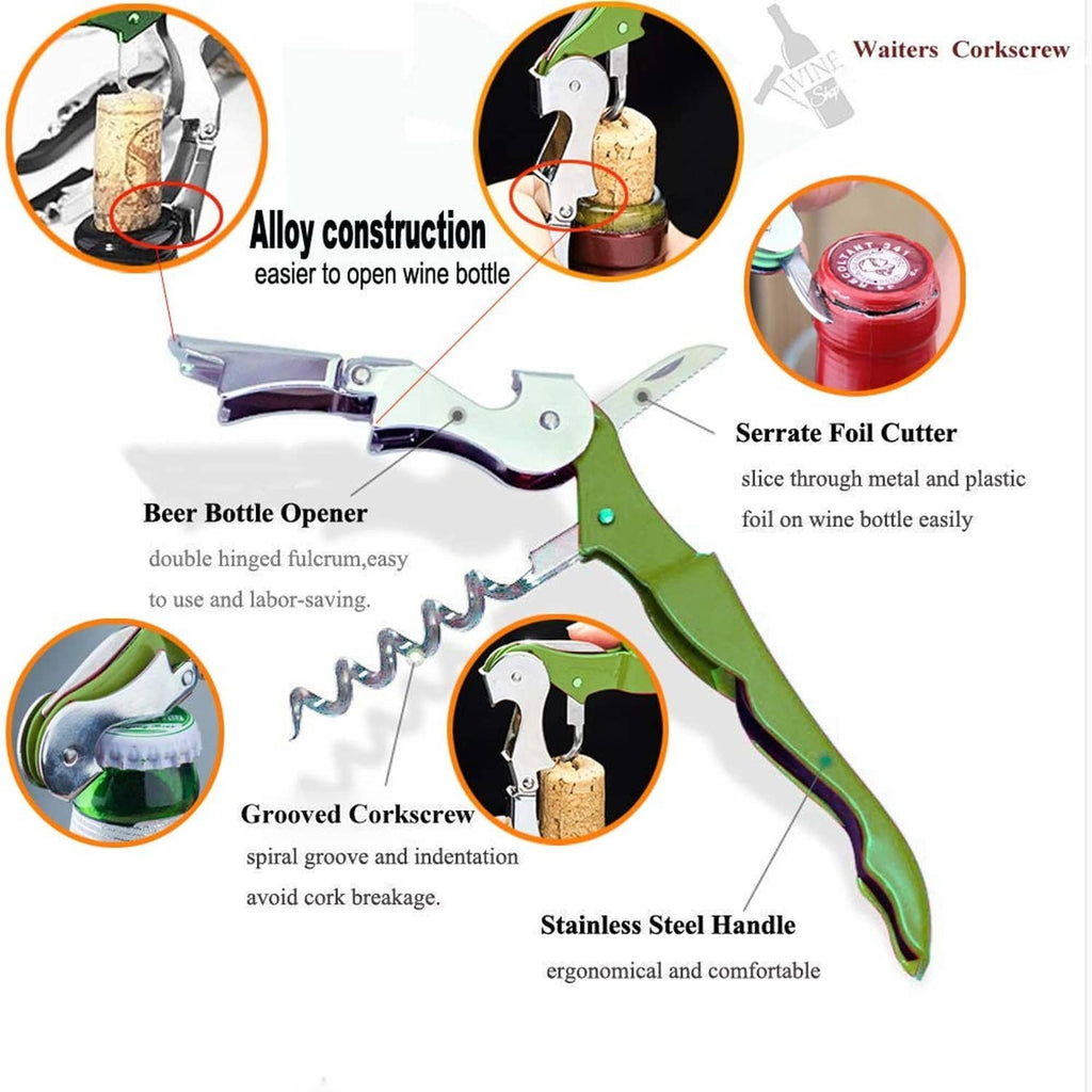 Green waiter corkscrew with serrated foil cutter and ergonomic stainless-steel handle