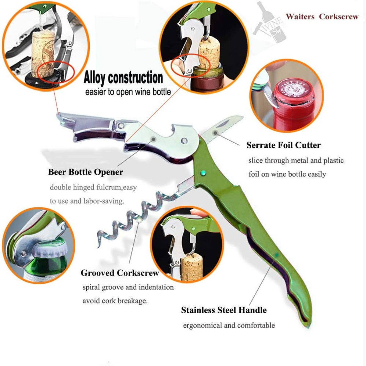 Green waiter corkscrew with serrated foil cutter and ergonomic stainless-steel handle