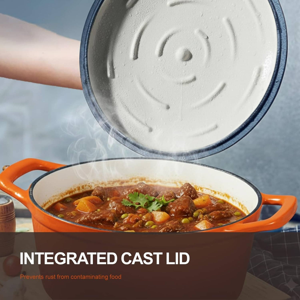 Dutch oven lid underside with knob and white enamel interior