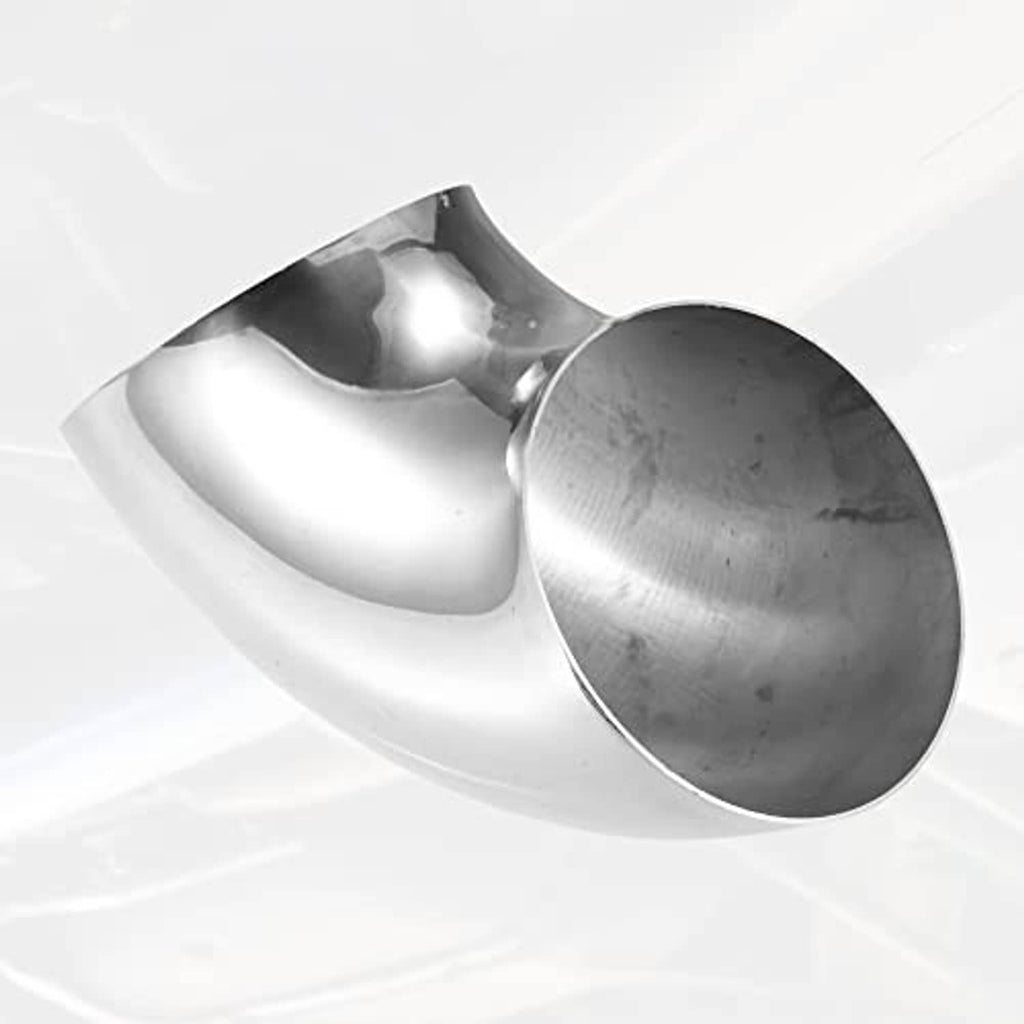 Pair of stainless steel exhaust elbow pipes with large round end openings and flange