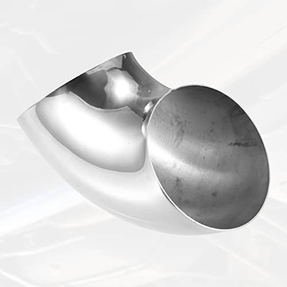 Pair of stainless steel exhaust elbow pipes with large round end openings and flange