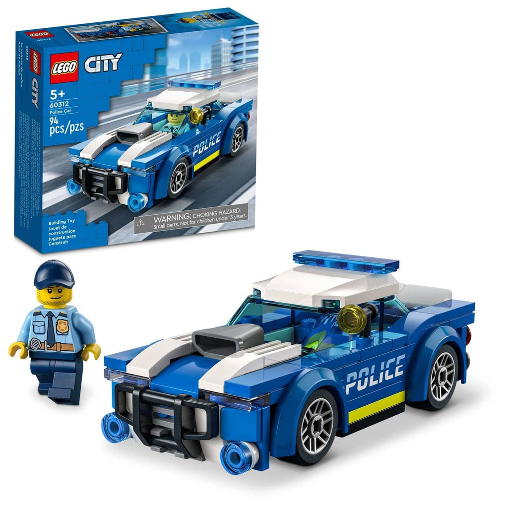 LEGO City police car toy set with minifigure, blue and white police markings