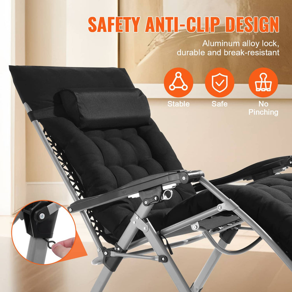 Black padded zero-gravity recliner with armrest control bar and secure anti-slip frame.
