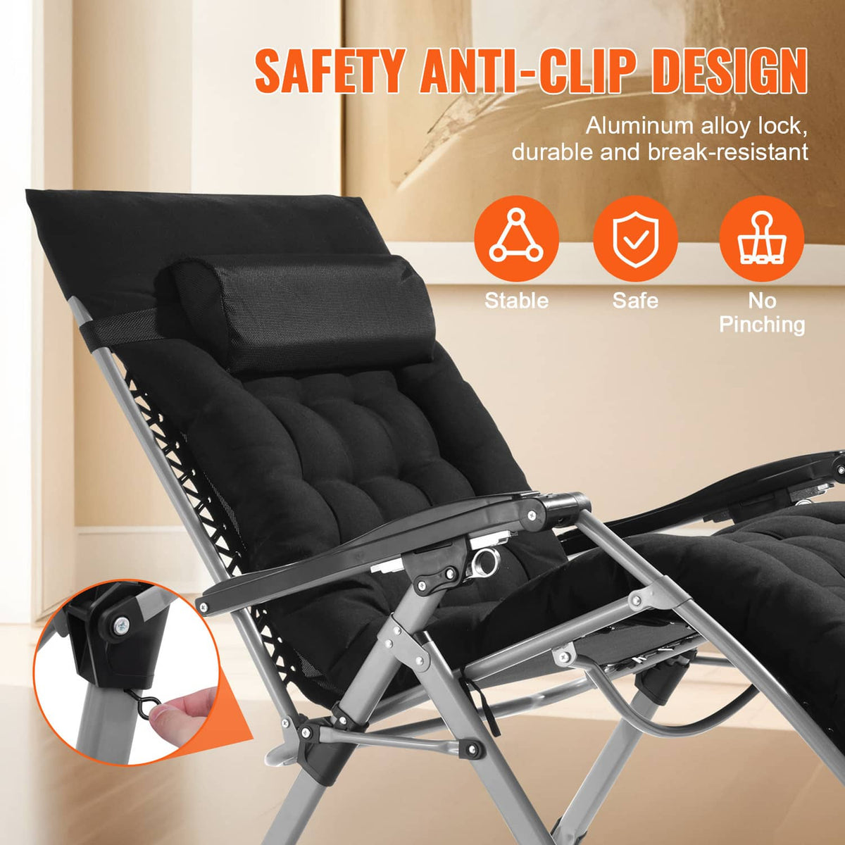 Black padded zero-gravity recliner with armrest control bar and secure anti-slip frame.