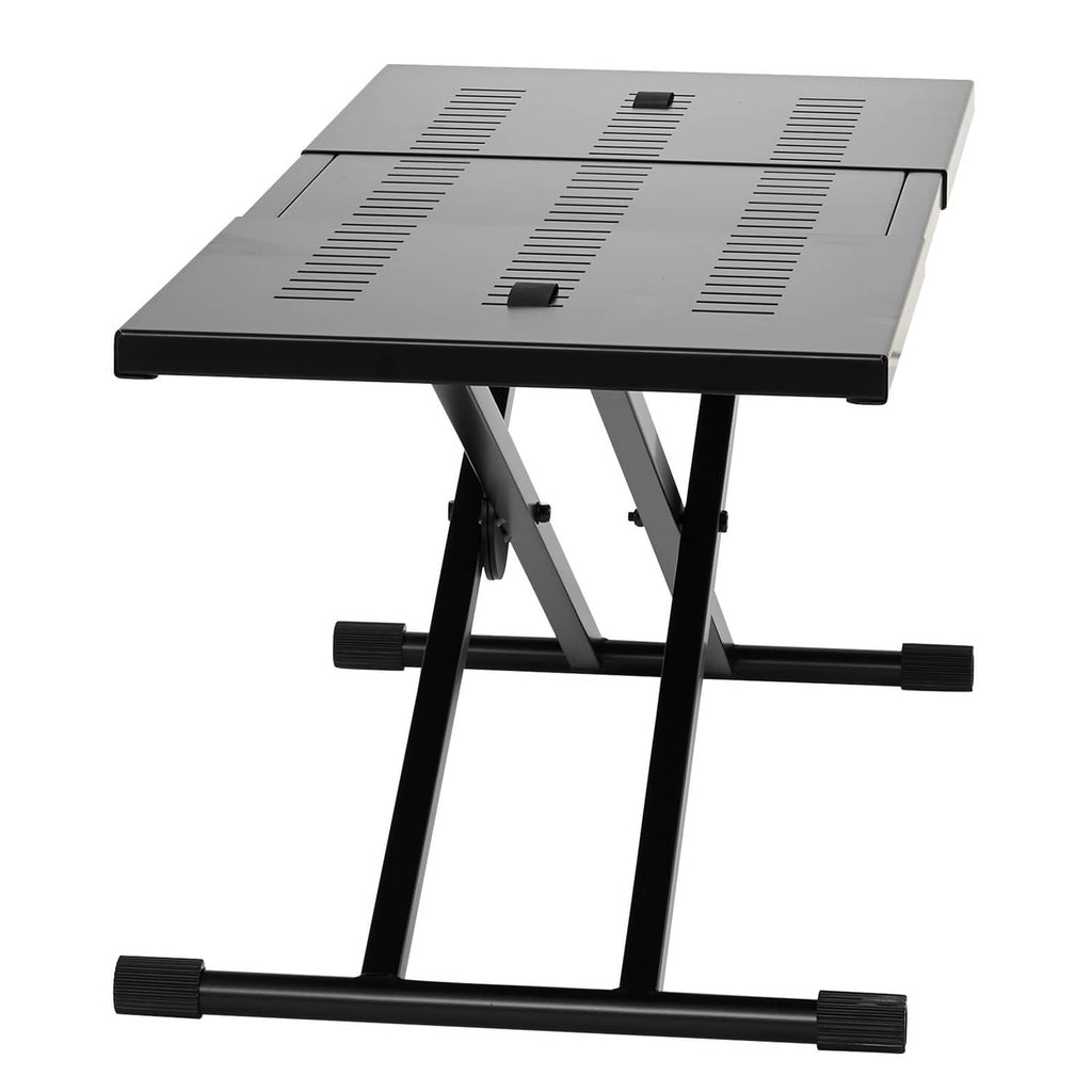 Portable DJ table with perforated tabletop and black double-X folding stand, adjustable height
