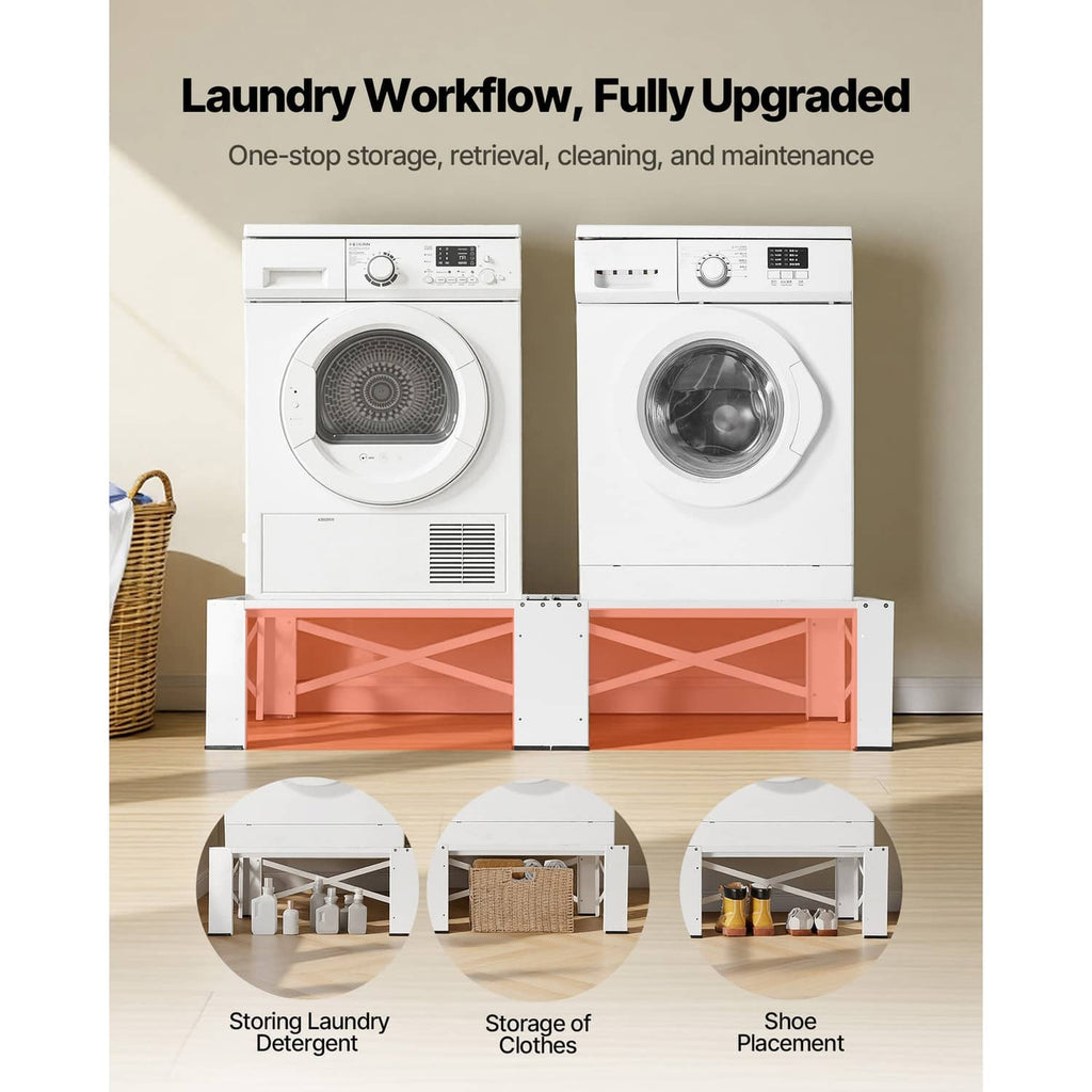 White laundry pedestal set with open storage shelves under washers and dryers