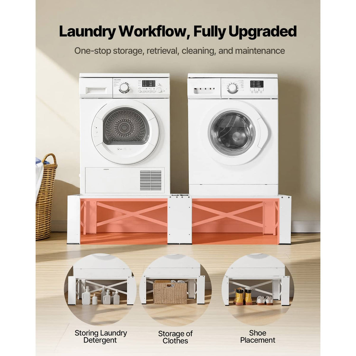 White laundry pedestal set with open storage shelves under washers and dryers