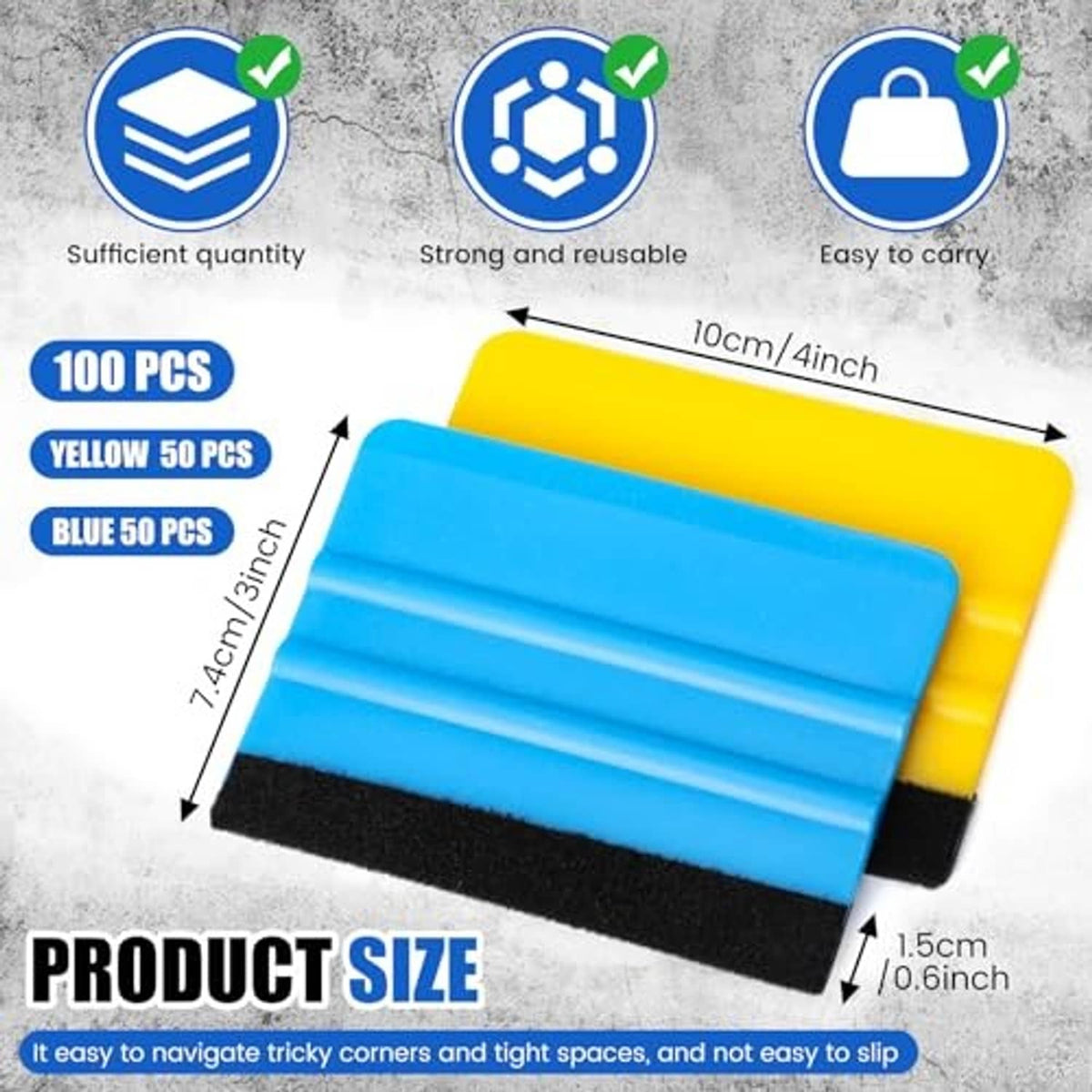 Stack of yellow-and-blue felt-edge squeegee tools with black rubber base