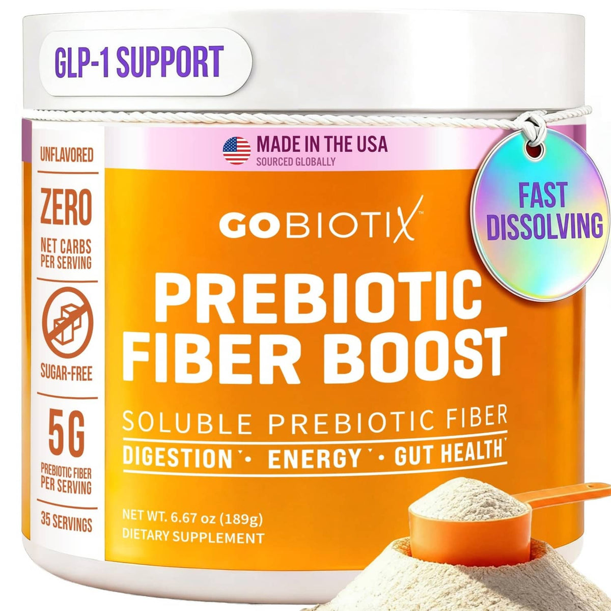 GOBIOTIX prebiotic fiber boost supplement jar, orange label, fast-dissolving powder