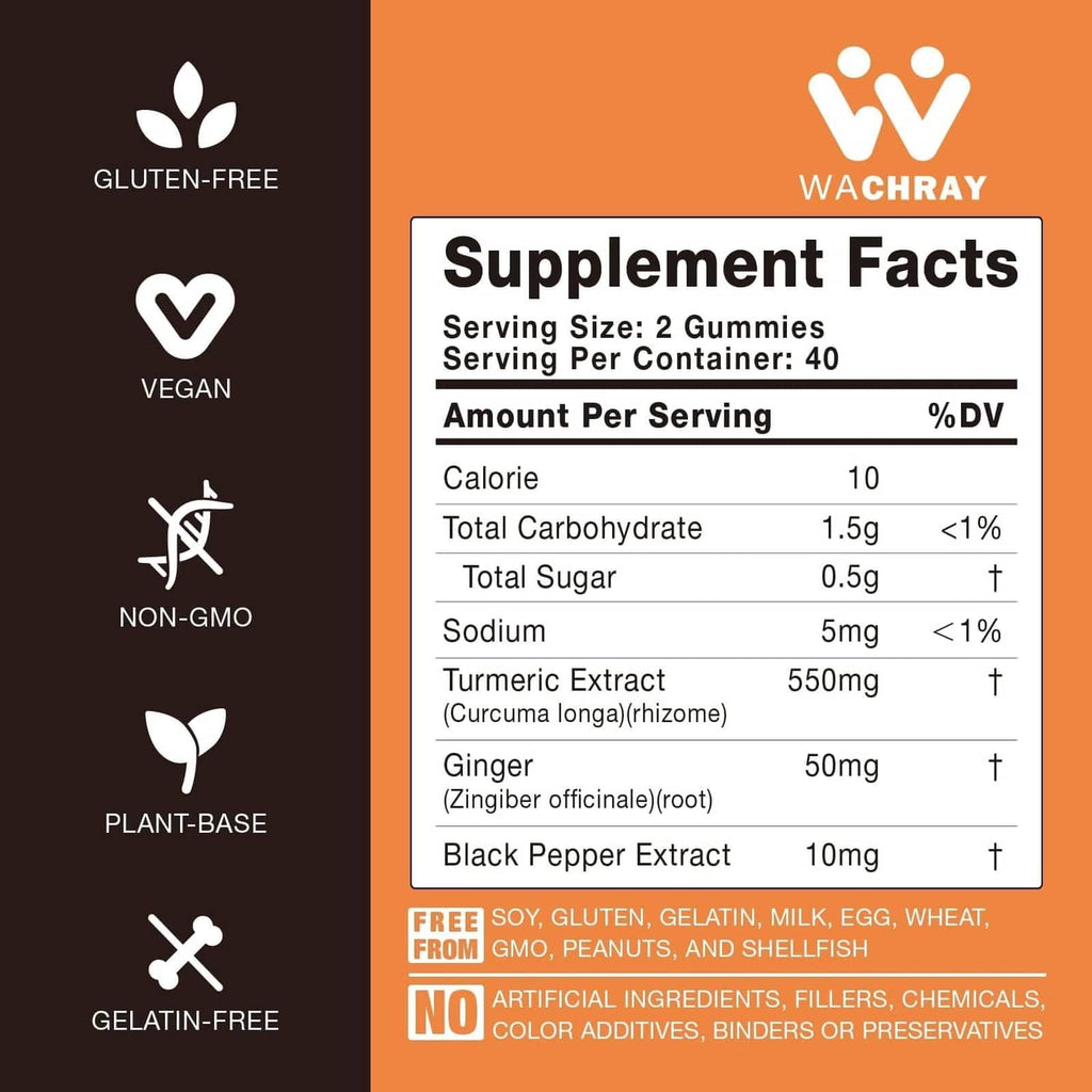 Turmeric curcumin gummies supplement facts with gluten-free, vegan, and non-GMO icons