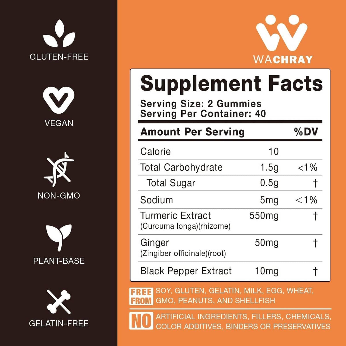 Turmeric curcumin gummies supplement facts with gluten-free, vegan, and non-GMO icons