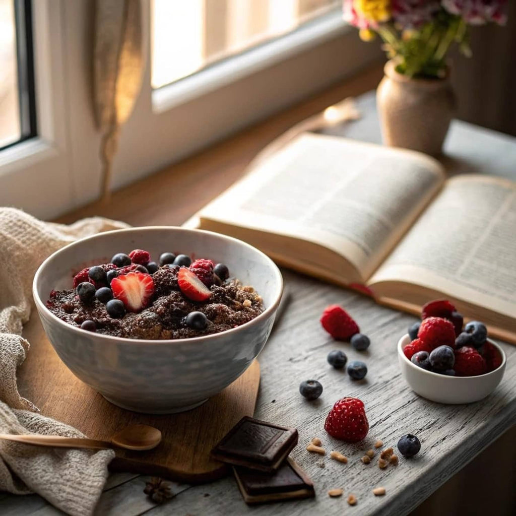 Overnight oats bowl with berries and chocolate pieces on a wooden table