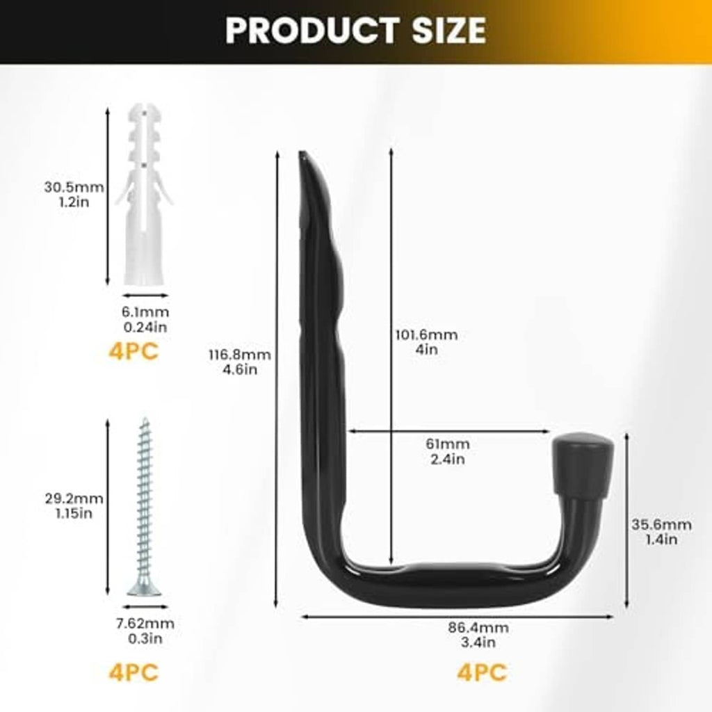 J-shaped hook dimensions chart with labeled measurements for 4-pack