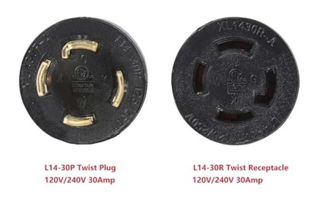 Close-up of black L14-30P twist plug and L14-30R twist receptacle faces