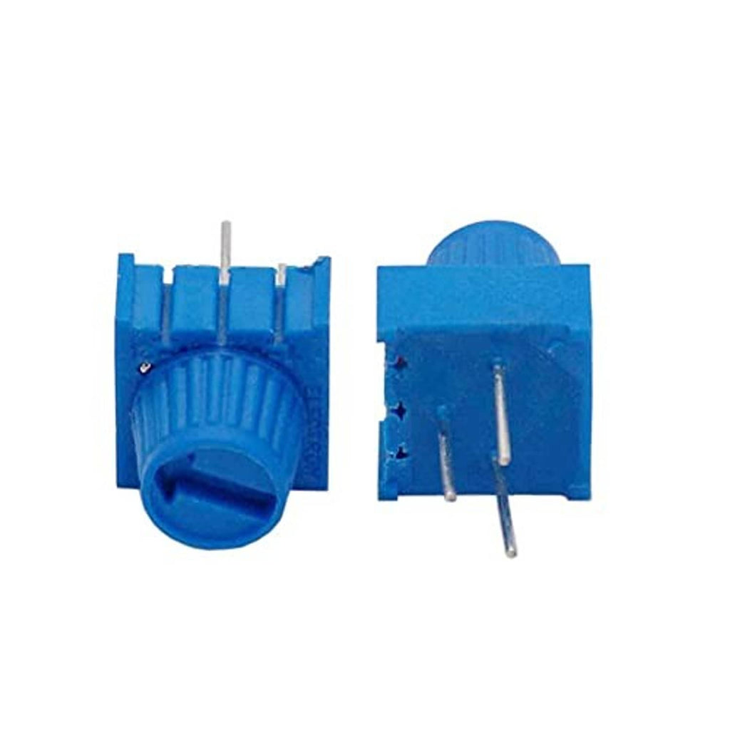 Two views of a blue 3-pin trimpot potentiometer: adjustment knob and metal pins