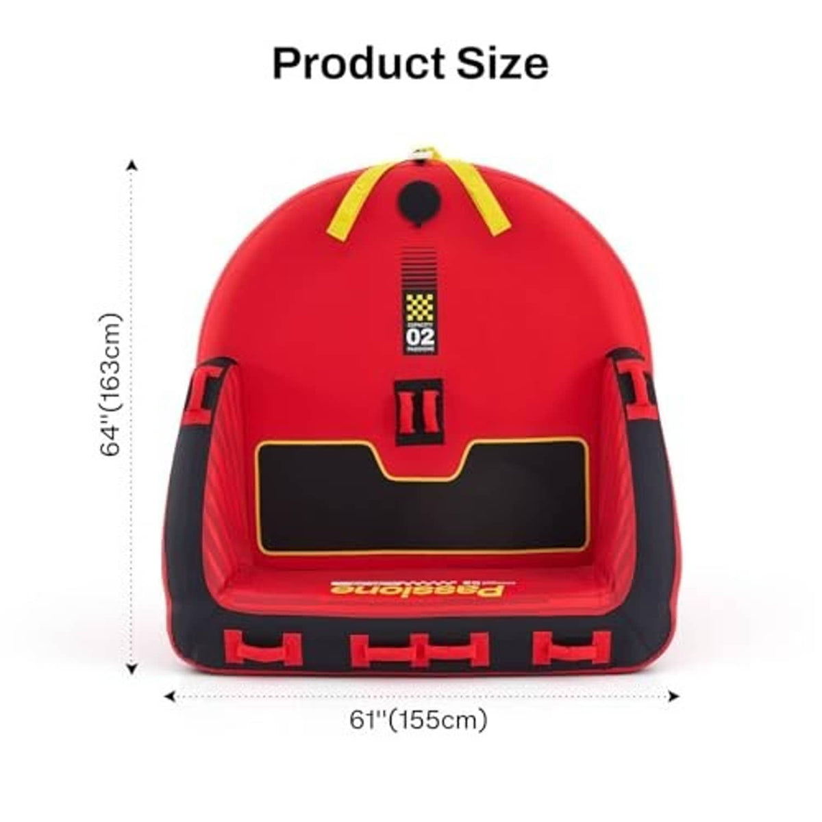Red towable tube front with black inner mat, drain hole, and size labels