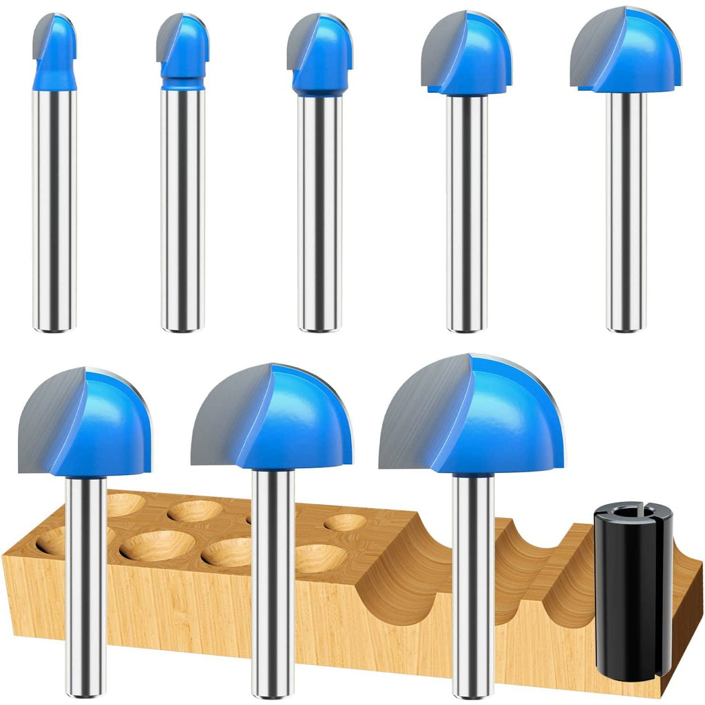 Cove box router bit set with blue double-flute carbide cutters and steel shanks