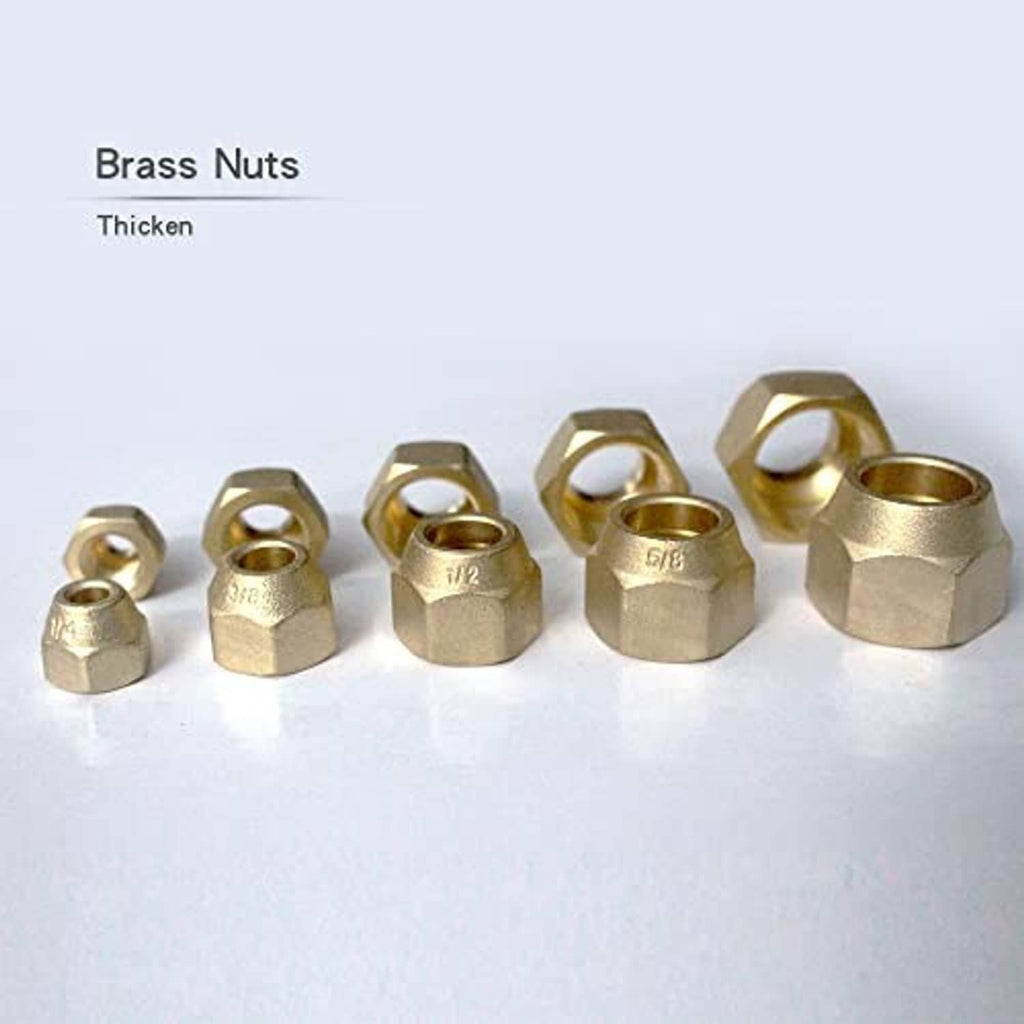 Brass flare nuts set in multiple sizes for copper refrigerant line connections