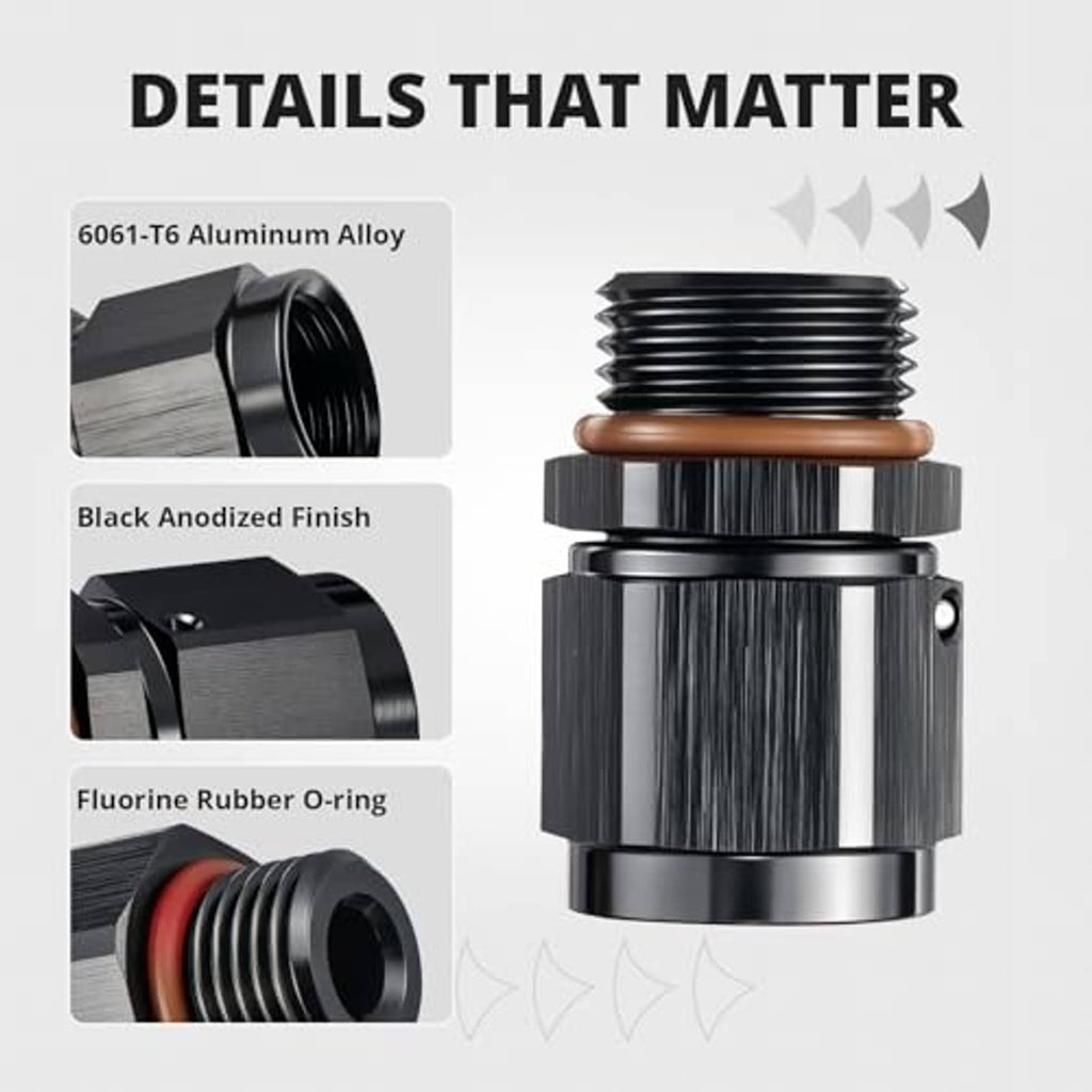 Black-anodized AN fitting with bronze O-ring and aluminum body, detailed side view