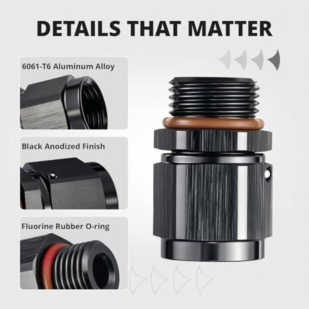 Black-anodized AN fitting with bronze O-ring and aluminum body, detailed side view