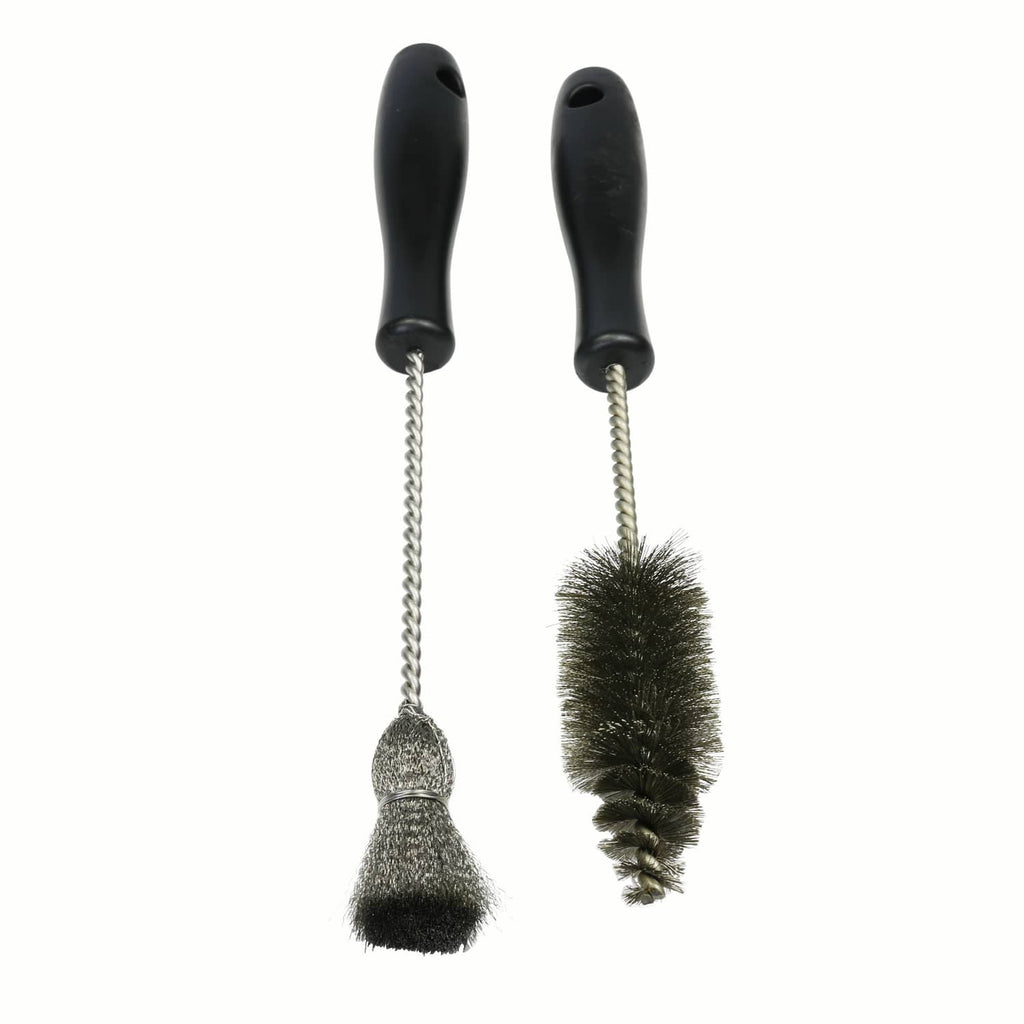 Cleaning brushes with black handles and metal wire bristles