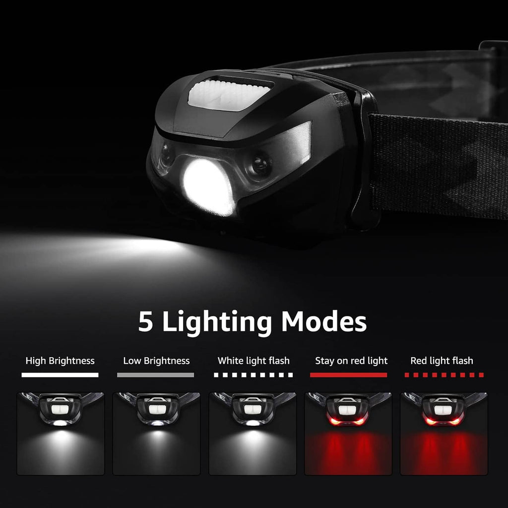 Rechargeable LED headlamp with bright front beam and adjustable head strap, black