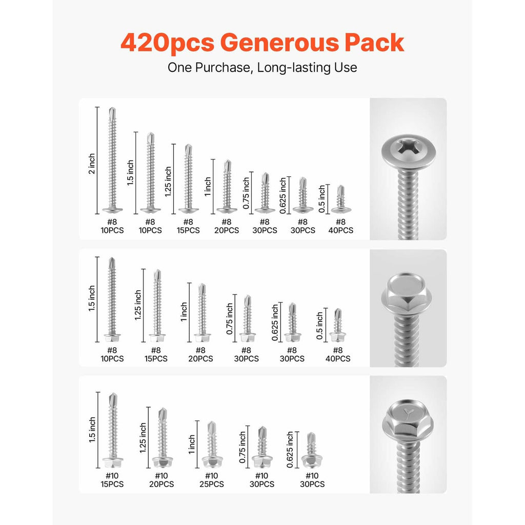 Assorted self-drilling screws with different lengths and #8/#10 sizes, hex/Phillips heads