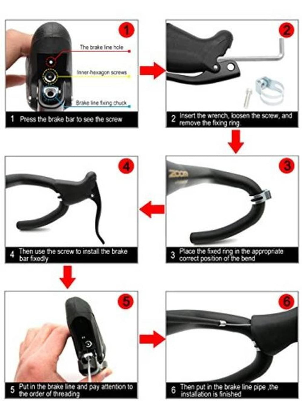 Bicycle brake lever set shown installing the lever and tightening the brake line