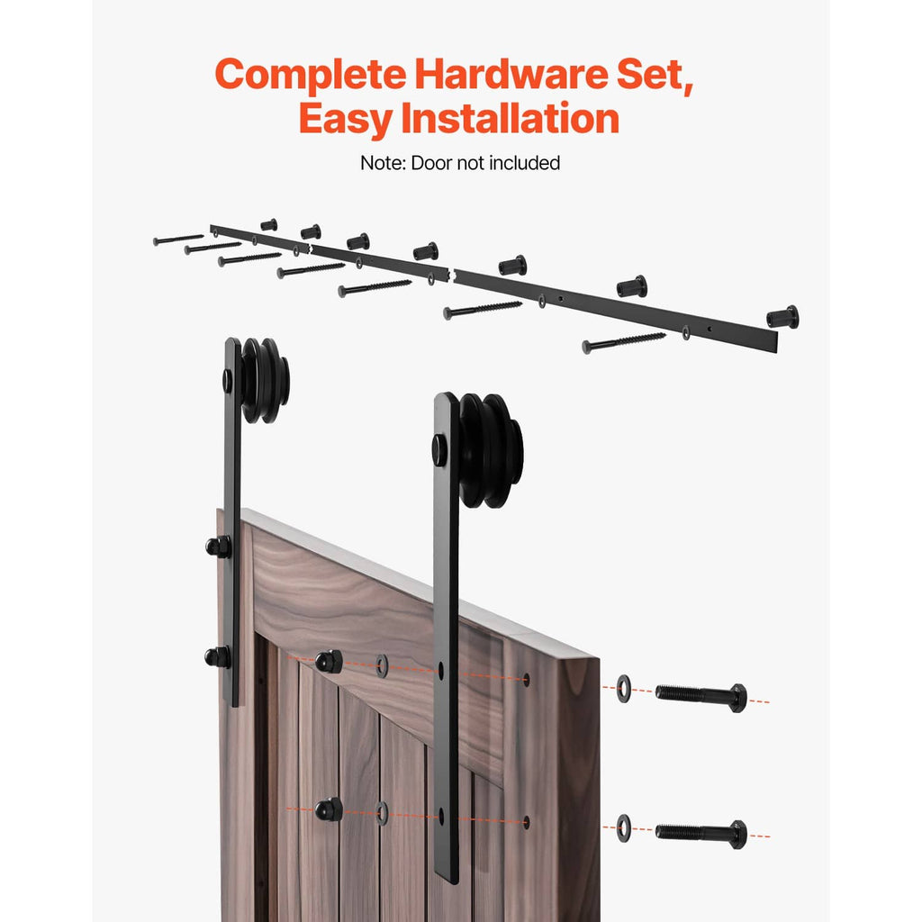 Black sliding barn door hardware set with track, hangers, rollers, and mounting screws