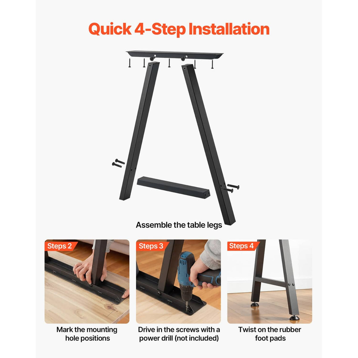 Black steel table legs shown during assembly with rubberized foot pads