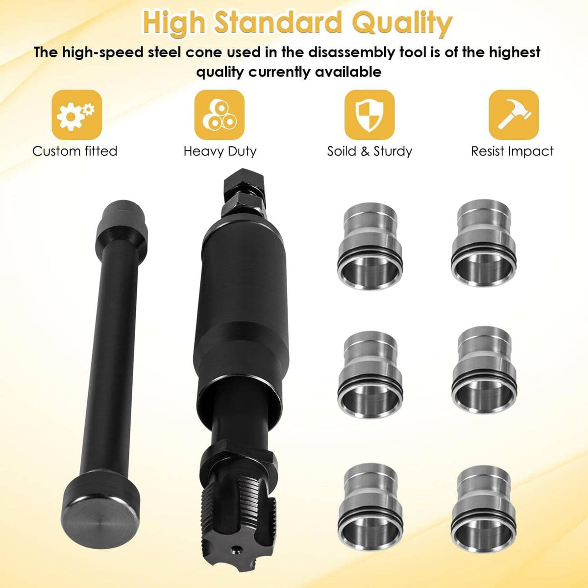 High-duty injector sleeve cup tool kit with black handle and multiple metal sleeves