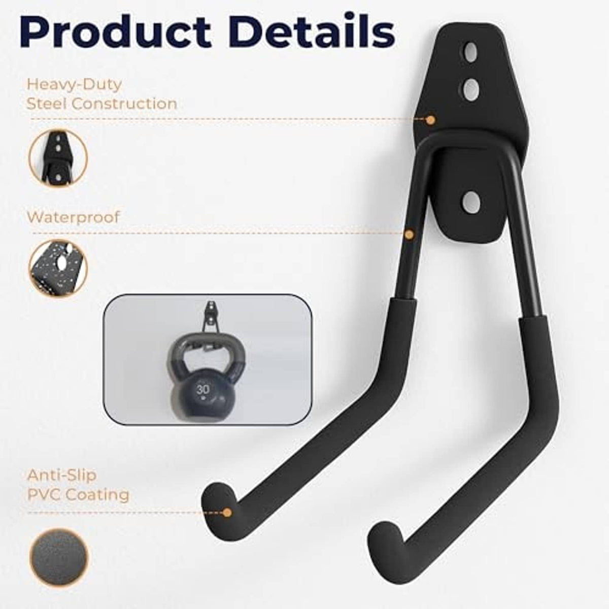 Heavy-duty black anti-slip garage storage hook with protective PVC coating