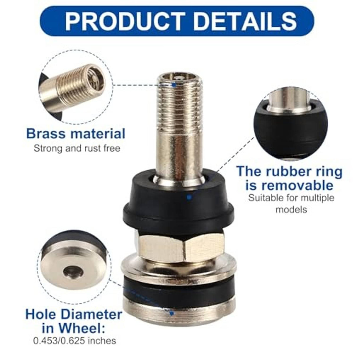 Brass tire valve stem with removable black rubber ring and threaded metal end